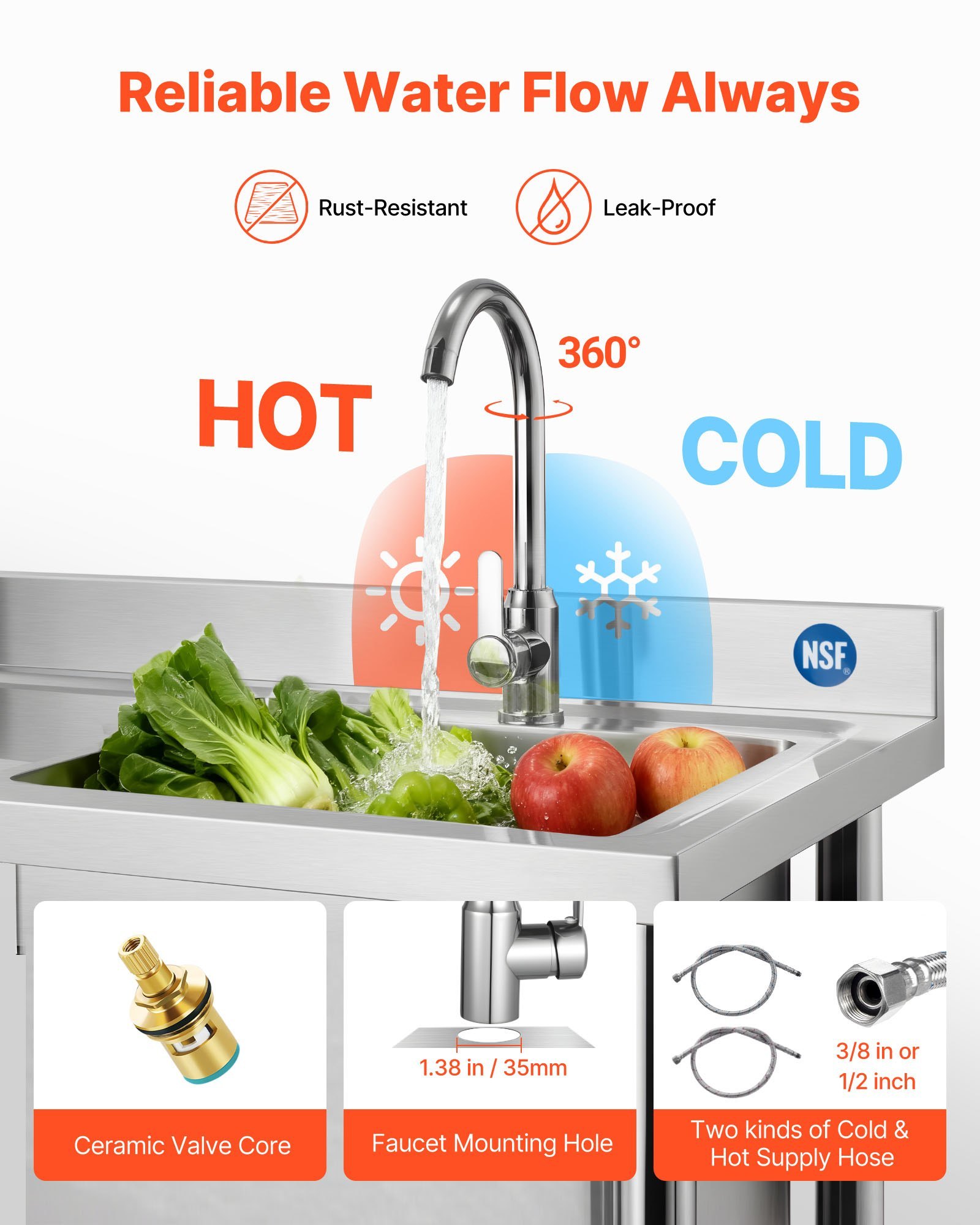 Stainless Steel Utility Sink, Free Standing Single Bowl Commercial Kitchen Sink With Faucet, 39.4 X 19.7 X 37 In, Utility Left Basin With Hot & Cold Water Pipe For Garage, Restaurant, Laundry - Image 4