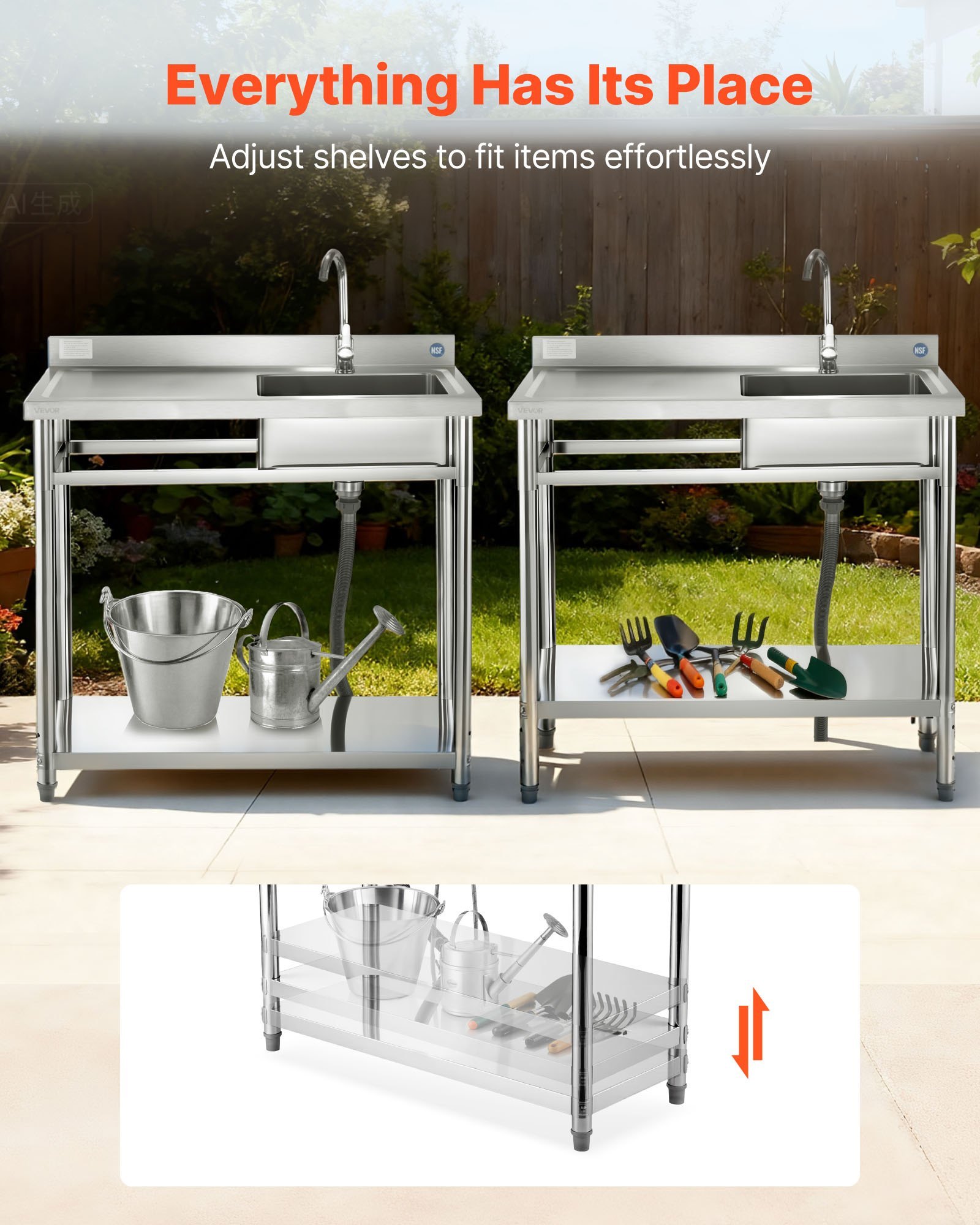 Stainless Steel Utility Sink, Free Standing Single Bowl Commercial Kitchen Sink With Faucet, 39.4 X 19.7 X 37 In, Utility Left Basin With Hot & Cold Water Pipe For Garage, Restaurant, Laundry - Image 3