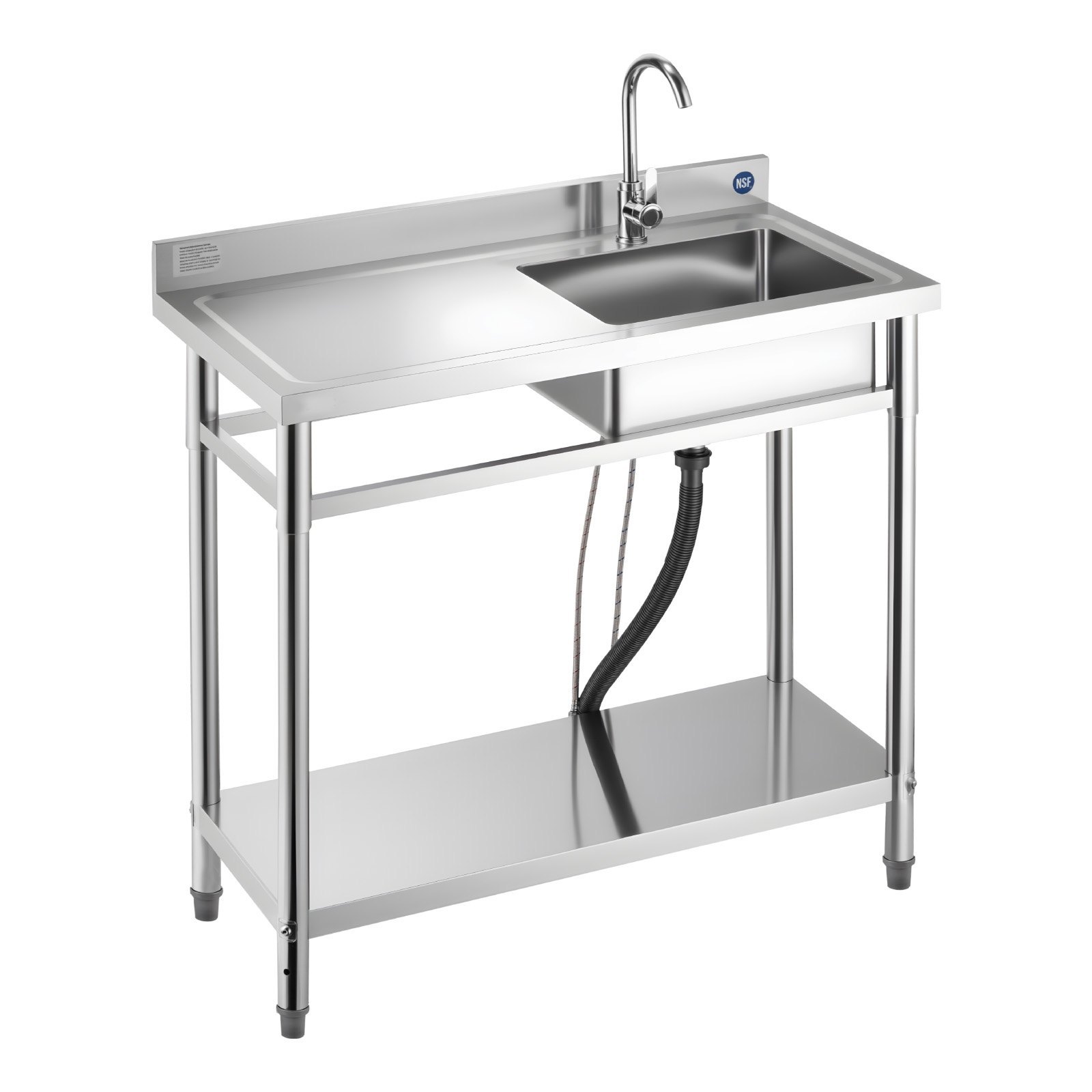 Stainless Steel Utility Sink, Free Standing Single Bowl Commercial Kitchen Sink With Faucet, 39.4 X 19.7 X 37 In, Utility Left Basin With Hot & Cold Water Pipe For Garage, Restaurant, Laundry