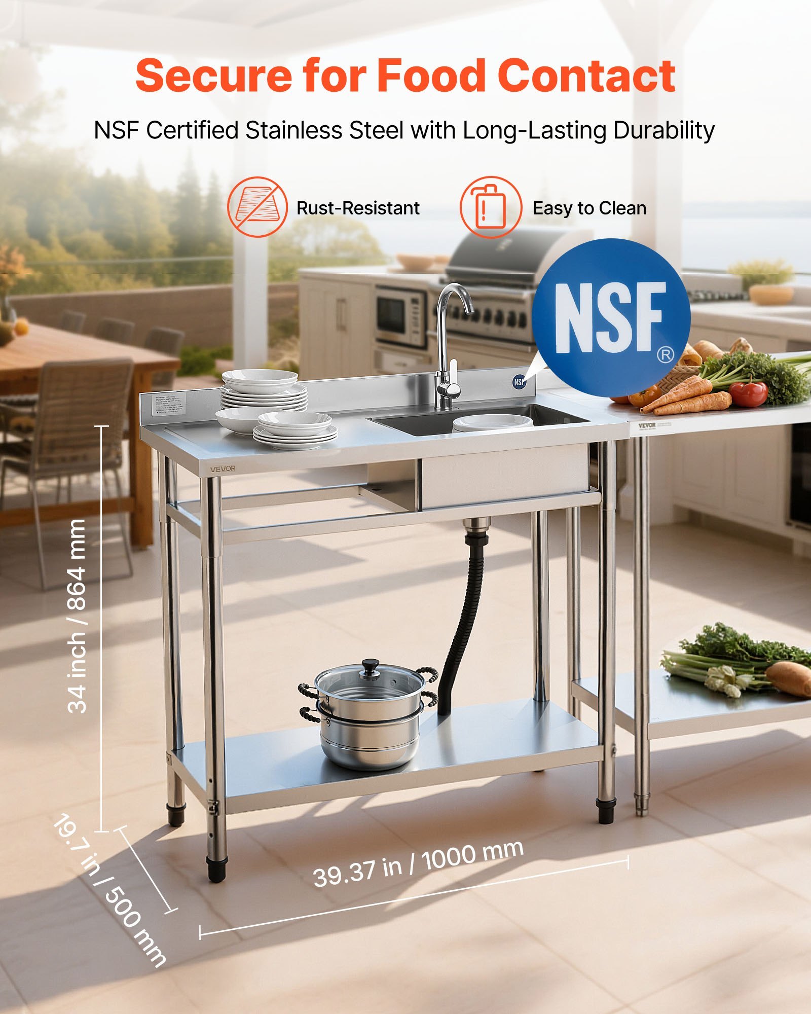 Stainless Steel Utility Sink, Free Standing Single Bowl Commercial Kitchen Sink With Faucet, 39.4 X 19.7 X 37 In, Utility Left Basin With Hot & Cold Water Pipe For Garage, Restaurant, Laundry - Image 5